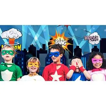 Superheroes Theme Party Photography Backdrop with Prop, Flag & Mask. Super Hero Cityscape Photo Booth Background for Kids Party, Birthday Wall Decorations
