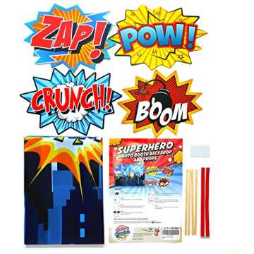 Superheroes Theme Party Photography Backdrop with Prop, Flag & Mask. Super Hero Cityscape Photo Booth Background for Kids Party, Birthday Wall Decorations