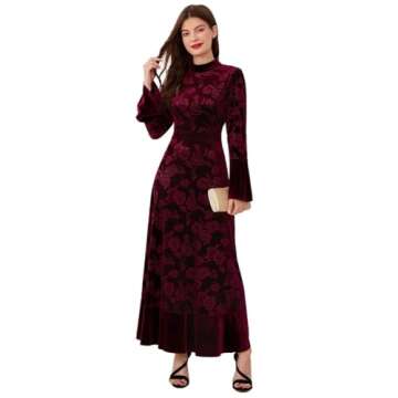 IDOPIP Women Long Bell Sleeve Floral Velvet Maxi Dress Fall Mock Neck Wedding Guest Dress Winter Ele...