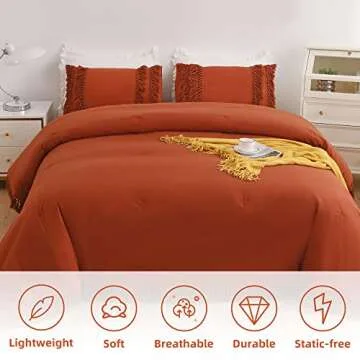 CozyTide Terracotta Comforter Queen Size,100% Washed Cotton Burnt Orange Bedding Set,Boho Tassel Queen Comforter Set with Tassels Extra Lightweight 3 Pieces