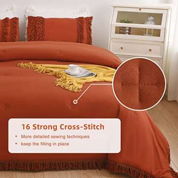 CozyTide Terracotta Comforter Queen Size,100% Washed Cotton Burnt Orange Bedding Set,Boho Tassel Queen Comforter Set with Tassels Extra Lightweight 3 Pieces