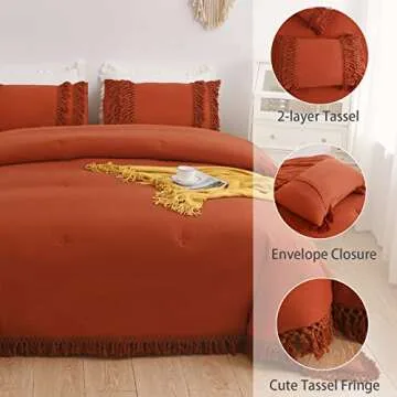 CozyTide Terracotta Comforter Queen Size,100% Washed Cotton Burnt Orange Bedding Set,Boho Tassel Queen Comforter Set with Tassels Extra Lightweight 3 Pieces