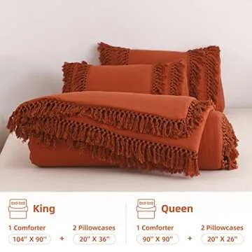 CozyTide Terracotta Comforter Queen Size,100% Washed Cotton Burnt Orange Bedding Set,Boho Tassel Queen Comforter Set with Tassels Extra Lightweight 3 Pieces