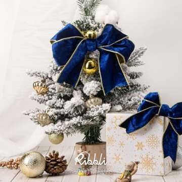 Ribbli Royal Blue Velvet Wired Ribbon 2.5 Inch Metallic Blue Gold Crushed Velvet Christmas Ribbon fo...