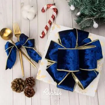 Ribbli Royal Blue Velvet Wired Ribbon 2.5 Inch Metallic Blue Gold Crushed Velvet Christmas Ribbon for Gift Wrapping Christmas Tree Decoration Crafts Wreaths Supplies-Continuous 10 Yards