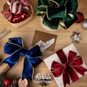 Ribbli Royal Blue Velvet Wired Ribbon 2.5 Inch Metallic Blue Gold Crushed Velvet Christmas Ribbon for Gift Wrapping Christmas Tree Decoration Crafts Wreaths Supplies-Continuous 10 Yards