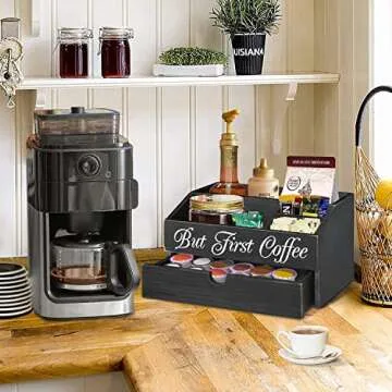 ANRXNCY Coffee Station Organizer, Wood K Cup Pods Holder with Drawer, Countertop Bar Accessories Tea Bag Condiment Organizer for Decor, Lovers Gift
