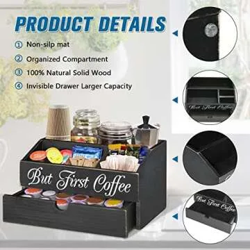 ANRXNCY Coffee Station Organizer, Wood K Cup Pods Holder with Drawer, Countertop Bar Accessories Tea Bag Condiment Organizer for Decor, Lovers Gift