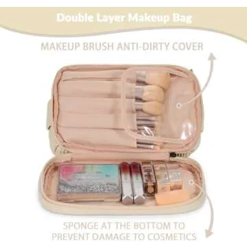 BAKLUCK Travel Makeup Bag Double Layer Large Capacity Makeup bag for Women, Cream PU Leather Toast Makeup Bag with Makeup Brush Compartment, Makeup Bag for Girls Travel Portable Beige Makeup Bag