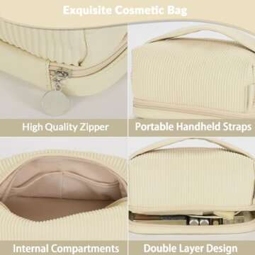 BAKLUCK Travel Makeup Bag Double Layer Large Capacity Makeup bag for Women, Cream PU Leather Toast Makeup Bag with Makeup Brush Compartment, Makeup Bag for Girls Travel Portable Beige Makeup Bag