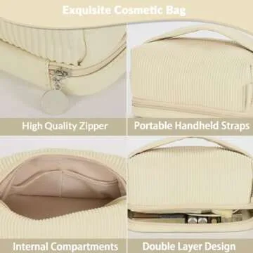 BAKLUCK Travel Makeup Bag Double Layer Large Capacity Makeup bag for Women, Cream PU Leather Toast Makeup Bag with Makeup Brush Compartment, Makeup Bag for Girls Travel Portable Beige Makeup Bag