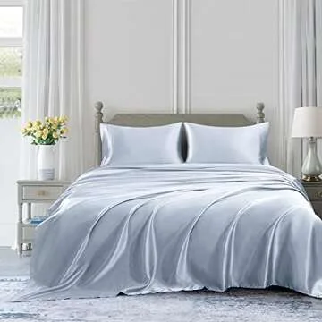 Homiest 4pcs Satin Sheets Set Luxury Silky Satin Bedding Set with Deep Pocket, 1 Fitted Sheet + 1 Flat Sheet + 2 Pillowcases (Queen Size, Baby Blue)