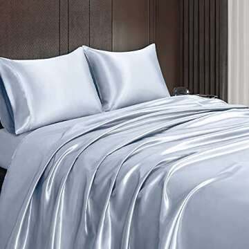 Homiest 4pcs Satin Sheets Set Luxury Silky Satin Bedding Set with Deep Pocket, 1 Fitted Sheet + 1 Flat Sheet + 2 Pillowcases (Queen Size, Baby Blue)