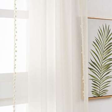 MISS SELECTEX Pom Pom Voile Sheer Curtains Set of 2 Ivory