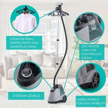 True & Tidy Commercial Standing Clothes Steamer, Heavy Duty with 90+ mins of Steam Time, For Home an...
