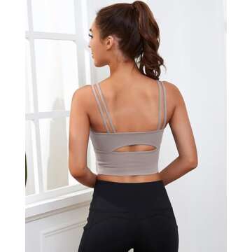 Everrysea Longline Sports Bra for Women Padded Workout Tank Tops Built in Bras Strappy Yoga Corp Top Camisole Light Brown