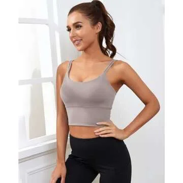 Everrysea Longline Sports Bra for Women Padded Workout Tank Tops Built in Bras Strappy Yoga Corp Top Camisole Light Brown