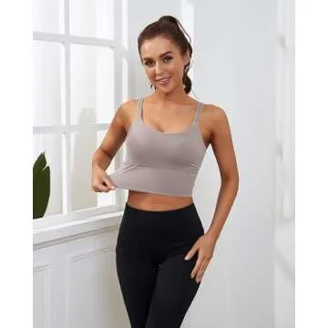 Everrysea Longline Sports Bra for Women Padded Workout Tank Tops Built in Bras Strappy Yoga Corp Top Camisole Light Brown