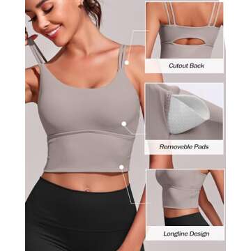 Everrysea Longline Sports Bra for Women Padded Workout Tank Tops Built in Bras Strappy Yoga Corp Top Camisole Light Brown