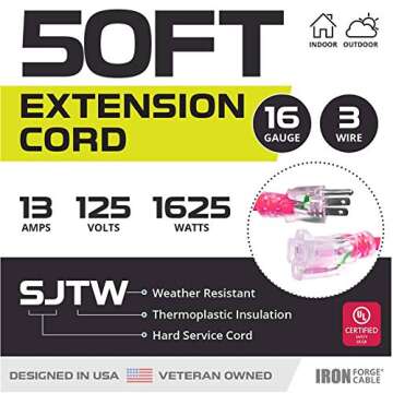 IRON FORGE CABLE 50 ft Outdoor Extension Cord 3 Prong - 16/3 SJTW Lighted Neon Pink Electrical Cable...
