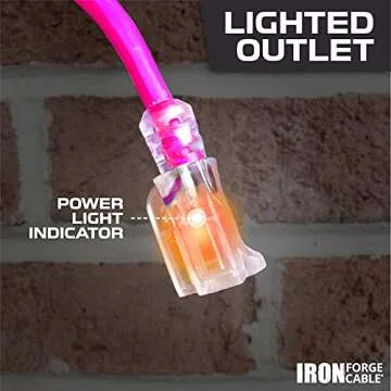 IRON FORGE CABLE 50 ft Outdoor Extension Cord 3 Prong - 16/3 SJTW Lighted Neon Pink Electrical Cable 50 Foot for Outside 13 AMP