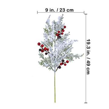 Winlyn 6 Pcs Snowy Artificial Cedar Picks with Red Berries Frosted Faux Cedar Sprays Christmas Cedar Greenery Branches Stems for Christmas Tree Wreath Floral Arrangement Vase Winter Holiday Décor