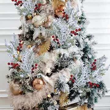 Winlyn 6 Pcs Snowy Artificial Cedar Picks with Red Berries Frosted Faux Cedar Sprays Christmas Cedar Greenery Branches Stems for Christmas Tree Wreath Floral Arrangement Vase Winter Holiday Décor