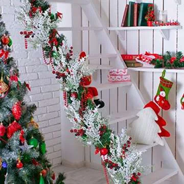 Winlyn 6 Pcs Snowy Artificial Cedar Picks with Red Berries Frosted Faux Cedar Sprays Christmas Cedar Greenery Branches Stems for Christmas Tree Wreath Floral Arrangement Vase Winter Holiday Décor