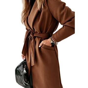 Womens Classic Coat Lapel Collar Open Front Belted Long Jacket