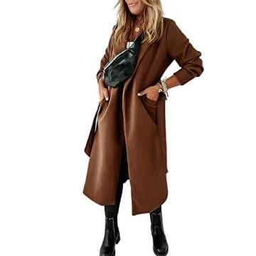Womens Classic Coat Lapel Collar Open Front Belted Long Jacket