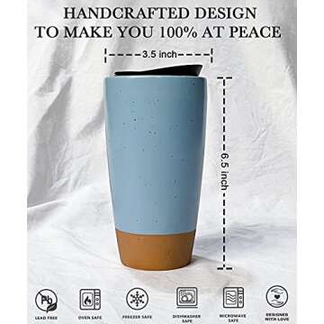 Mora Double Wall Ceramic Coffee Travel Mug with Lid, 14 oz, Portable, Microwave, Dishwasher Safe, In...