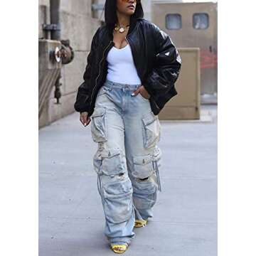 Trendy Women's Cargo Jeans - High Waisted Wide Leg Style