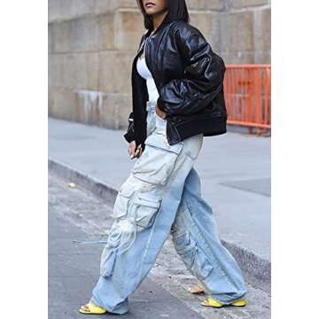Trendy Women's Cargo Jeans - High Waisted Wide Leg Style