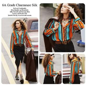 Women Silk Blouse Button Down Shirt Long Sleeve Summer Spring Dressy Shirts Luxury Lapel Collar Striped Blouses Vintage Tops,Orange,M