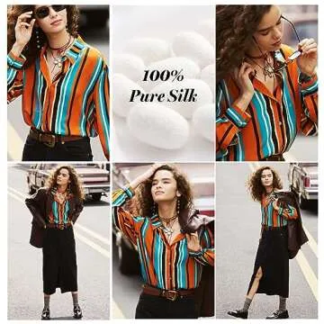 Women Silk Blouse Button Down Shirt Long Sleeve Summer Spring Dressy Shirts Luxury Lapel Collar Striped Blouses Vintage Tops,Orange,M