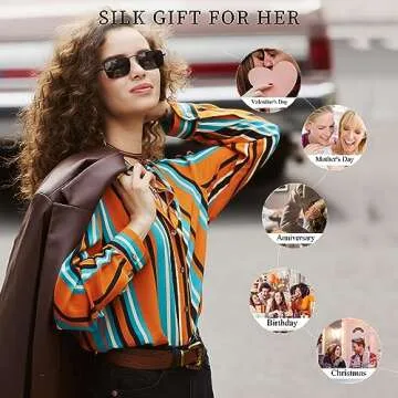Women Silk Blouse Button Down Shirt Long Sleeve Summer Spring Dressy Shirts Luxury Lapel Collar Striped Blouses Vintage Tops,Orange,M