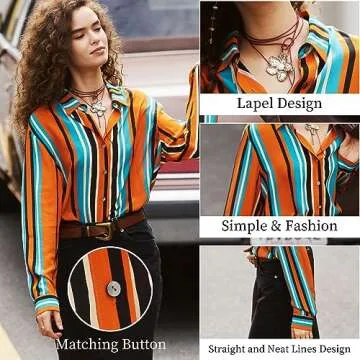 Women Silk Blouse Button Down Shirt Long Sleeve Summer Spring Dressy Shirts Luxury Lapel Collar Striped Blouses Vintage Tops,Orange,M