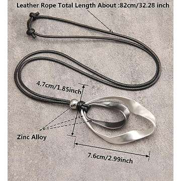 Popeoiuh Leather Necklace for Wome Silver Double Circles Alloy Pendant Leather Necklaces with Long Adjustable Genuine Leather Rope Choker Jewelry