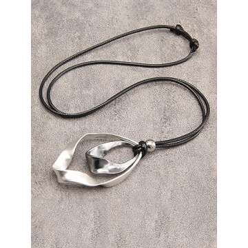 Popeoiuh Leather Necklace for Wome Silver Double Circles Alloy Pendant Leather Necklaces with Long Adjustable Genuine Leather Rope Choker Jewelry