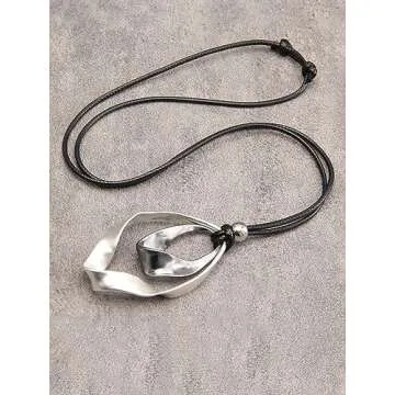 Popeoiuh Leather Necklace for Wome Silver Double Circles Alloy Pendant Leather Necklaces with Long Adjustable Genuine Leather Rope Choker Jewelry