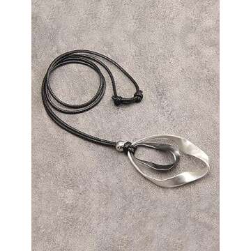 Popeoiuh Leather Necklace for Wome Silver Double Circles Alloy Pendant Leather Necklaces with Long Adjustable Genuine Leather Rope Choker Jewelry