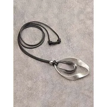 Popeoiuh Leather Necklace for Wome Silver Double Circles Alloy Pendant Leather Necklaces with Long Adjustable Genuine Leather Rope Choker Jewelry