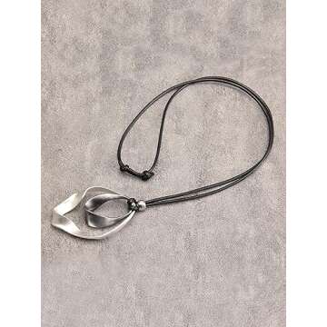 Popeoiuh Leather Necklace for Wome Silver Double Circles Alloy Pendant Leather Necklaces with Long Adjustable Genuine Leather Rope Choker Jewelry