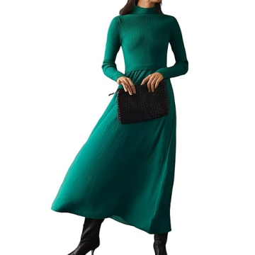 Labolliy Women Sweater Maxi Dress Casual Solid Mock Neck Long Sleeve Ribbed Knit Pullover Top Woven ...