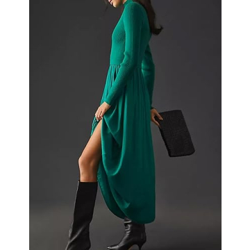Labolliy Women Sweater Maxi Dress Casual Solid Mock Neck Long Sleeve Ribbed Knit Pullover Top Woven Flowy Long Dress Green
