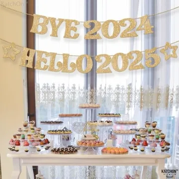 KatchOn, Gold Glitter Bye 2024 Hello 2025 Banner - No DIY | New Years Banner | New Years Decorations 2025 | Happy New Year 2025 Banner for NYE Decorations 2025 | New Years Eve Party Supplies 2025