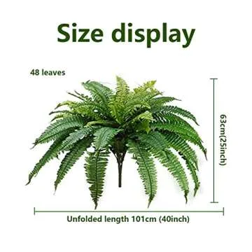 One 25 Inch Long Silk Artificial Boston Fern Bush with a 40 Inch Spread from Tip to Tip When Spread Out from The Middle. 48 Branches