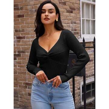 LILLUSORY Women's 2025 Twist Knot Fall Clothes Fashion Outfits Top Ribbed Long Sleeve 2025 Black Small