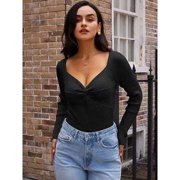 LILLUSORY Women's 2025 Twist Knot Fall Clothes Fashion Outfits Top Ribbed Long Sleeve 2025 Black Small