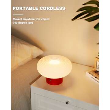 FANHAO Touch Bedside Table Lamp, Portable 4000mAh Cordless Rechargeable Mushroom Lamp for Bedroom Li...